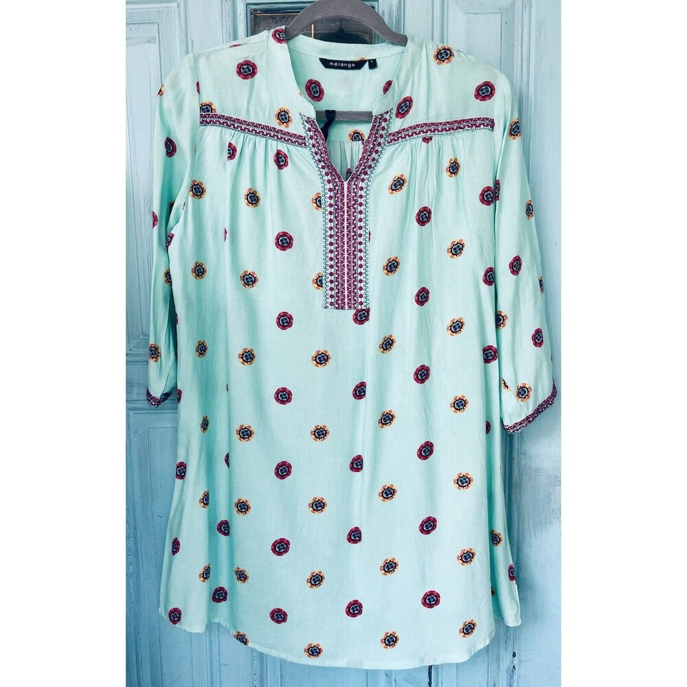 Boho Dress SzL Teal Blue Long Sleeve Melange Viscose Summer Lightweight